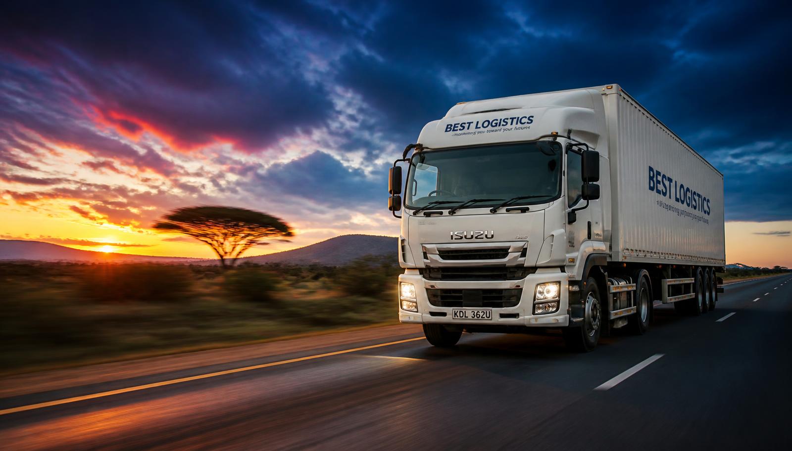 Eric Mosee Transporters truck driving through Kenya at sunset